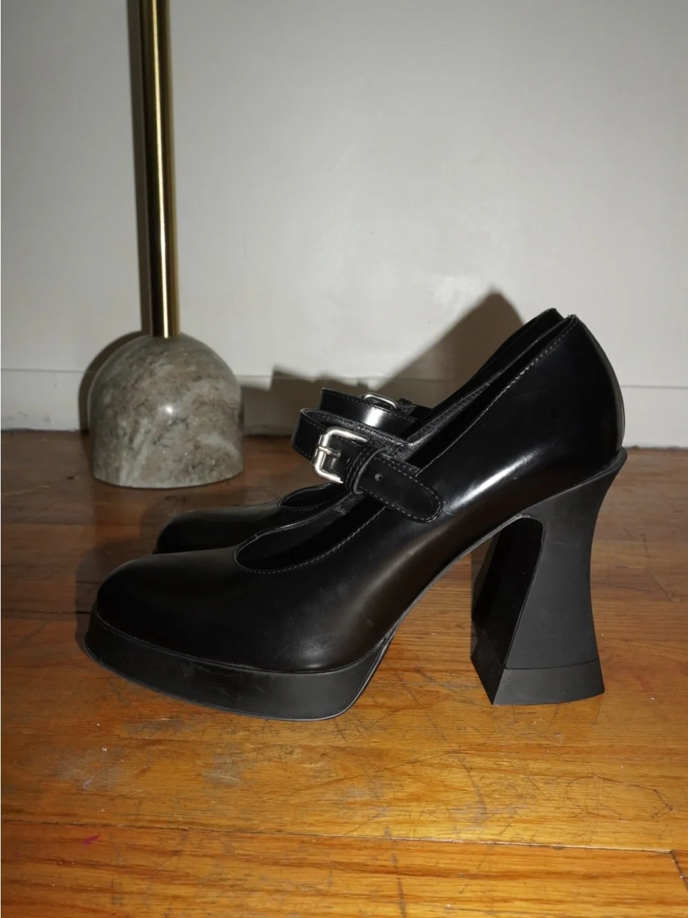 Agl Black Leather Mary Jane Platform Pumps